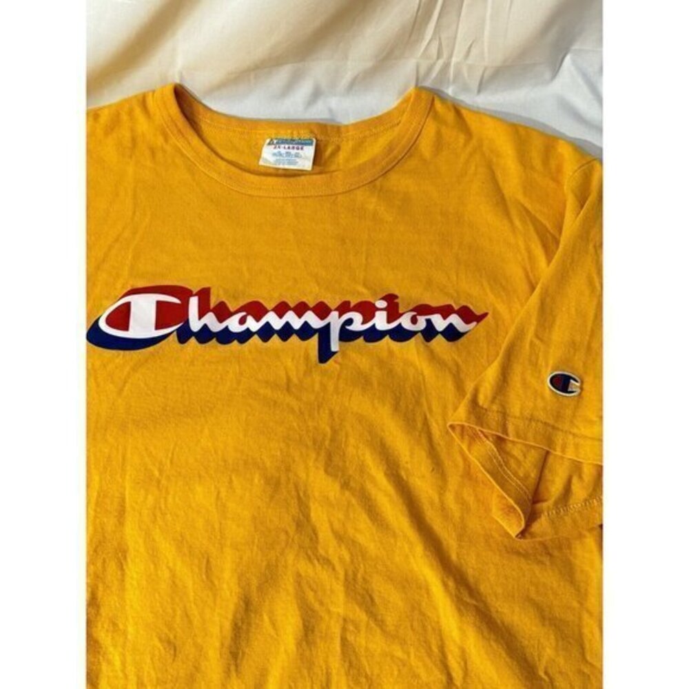 Vtg 80’s Champion Shawdow Spellout T-Shirt 2XLarge Yellow EUC Red White Blue‎